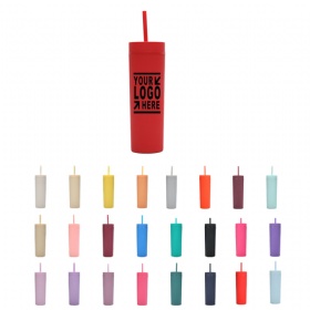 16OZ Double Wall Matte Finishing Plastic Tumbler w/ Colored Straw