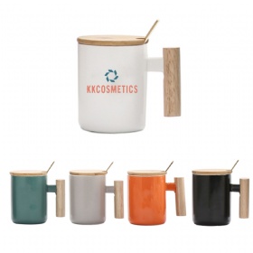 14 Oz  Wooden Handle Coffee Ceramic Mug