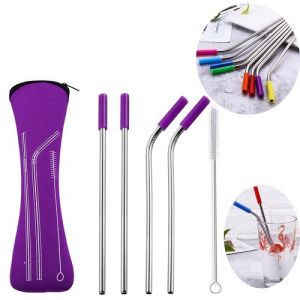 4pcs Blue Color Reusable Stainless Steel Straw With Cleaner Brush Set